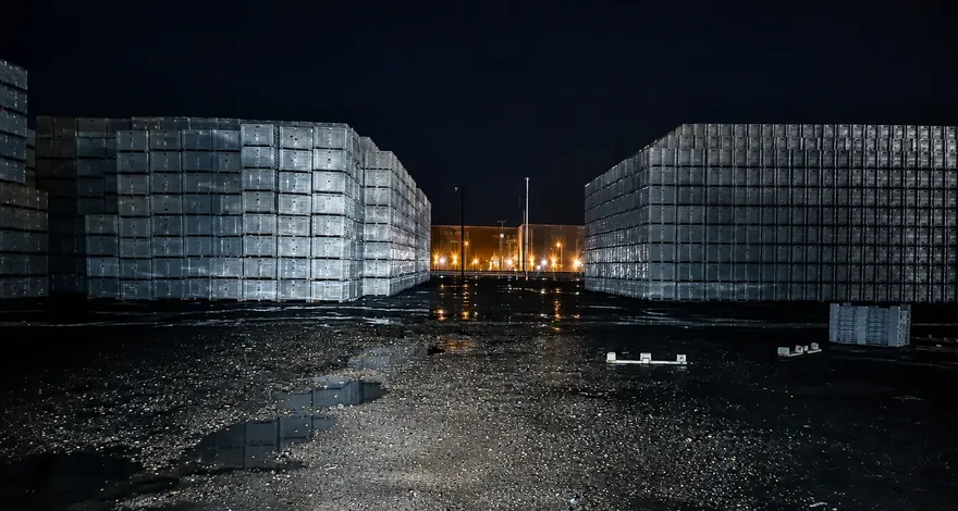Patio de acopio con bins apilados durante el turno de noche